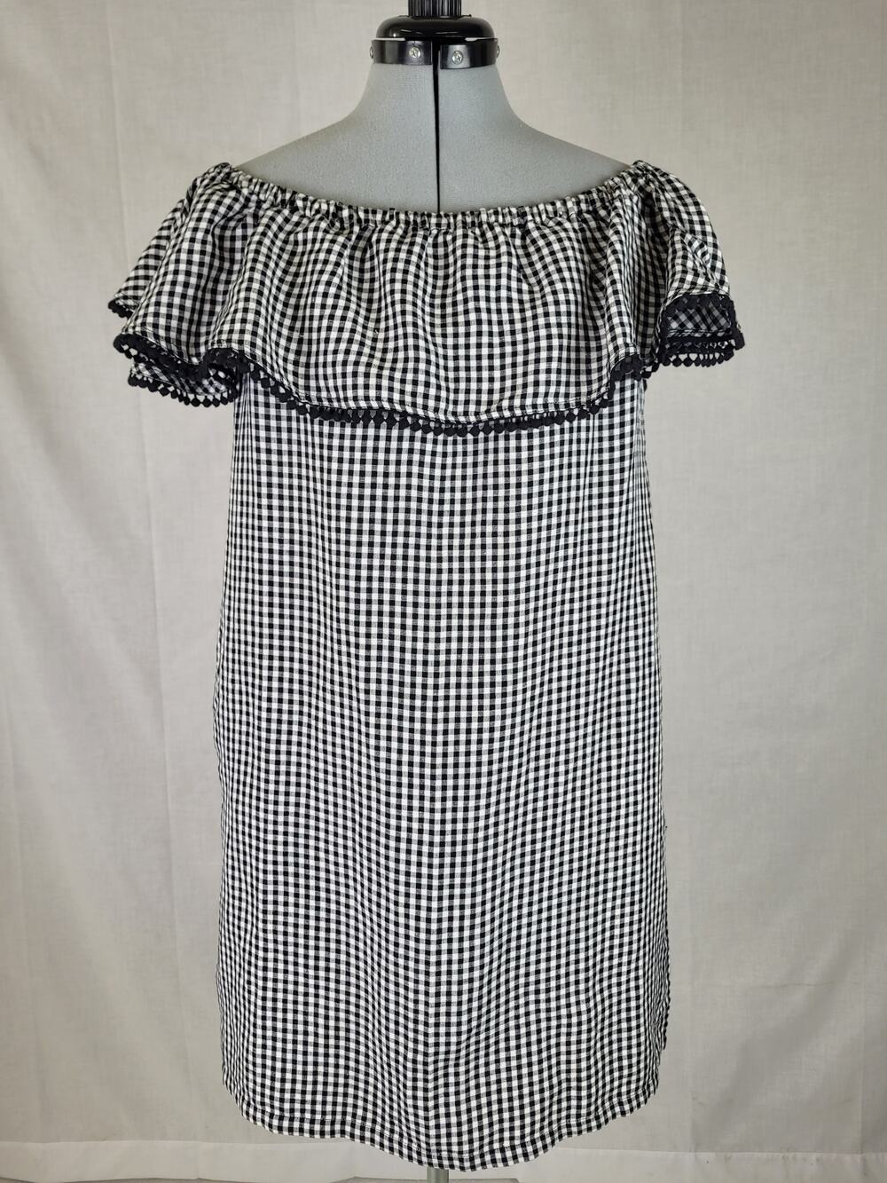 Tommy Bahama Gingham Of-The-Shoulder Ruffle Dress Black & White Linen Blend Sz S